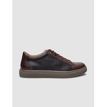 %100 Hakiki Deri Kahverengi Kare Desenli Bağcıklı Erkek Sneaker-kahverengi Kahverengi