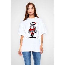 Wear Vexel Kadın Bisiklet Yaka Baskılı Kısa Kol Oversize T-shirt - Beyaz Çok Renkli