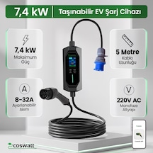 Coswatt Taşınabilir EV Şarj Cihazı CS-P1-32A / 7.4kW / 5m / Türkçe / 220V AC / Tip-2 / 3x32A CEE / Ev Tipi Dönüştürücü / Çanta