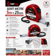 Berkay Şerit Metre 5 M 25 Mm Manyetik Kanca, Çift Taraflı Ölçüm, Darbeye Dayanıklı Kılıf