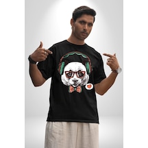 Kulaklıklı Hipster Portre Panda Pamuklu Bisiklet Yaka Unisex Oversize Boyfriend Dijital Baskılı Siyah T-shirt Siyah