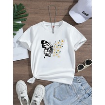 Uyguntarz Çocuk Papatya Kelebek Baskılı Unisex Pamuklu Tshirt Beyaz