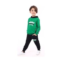 Toontoy Kids Toontoy Erkek Çocuk 2'li Takım Baskılı Kapüşonlu Fermuarlı Cepli Reglan Kol Sweatshirt & Beli Paçası Lastikli Cepli Jogger Eşofman Altı - Renk Bloklu & 2 İplik Çimen Yeşili
