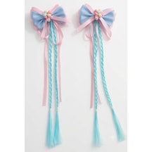 Kız Çocuk Uzun Örgülü Fiyonk Toka 2'li Set Pastel Mavi Pembe Prenses Saç Tokası Kawaii Saç Aksesuarı