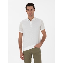 Ekru Regular Fit Fermuarlı Polo Yaka Desenli T-shirt Bej