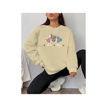 Herkesemoda Love Baskı Detaylı Bisiklet Yaka Sweatshirt Bej
