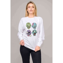 Zombie 4 Head Baskılı Beyaz Kadın Sweatshirt