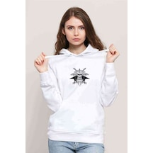 Rock Kurukafa Baskılı Beyaz Kadın Kapşonlu Sweatshirt
