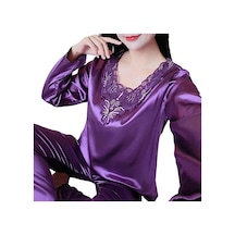 Koyu Mor 2 Adet/takım Rahat Bahar Gecelik Seti V Yaka Uyku Dantel Artı Boyutu Kadın Gecelik Yatak Odası İçin Set Koyu Mor