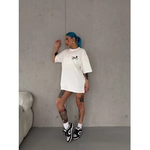 Assema Kadın Bisiklet Yaka Baskılı Kısa Kol Oversize T-shirt - Beyaz Çok Renkli
