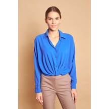 Yakalı Önü Pileli Uzun Kol Likrasız Şık Kumaş Gömlek-Saks Sax Yakalı Önü Pileli Uzun Kol Likrasız Şık Kumaş Gömlek-Saks Sax