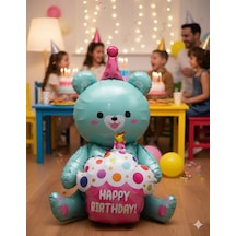 92x73 Cm Folyo Balon Oturan Ayı Cupcakeli Yeşil Parti Ve Doğum Günü Balonu Çok Renkli