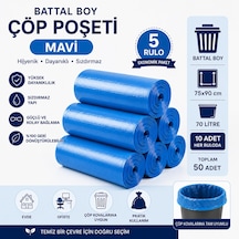 Battal Boy Mavi Çöp Poşeti 75x90 Cm 70 Litre 5 Rulo X 10 Adet Toplam 50 Adet Dayanıklı Sızdırmaz Çöp Torbası