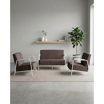 Atlas 2+1+1 Dokuma Kumaş Ofis Cafe Bekleme Koltuk Takımı Beyaz Metal Acı Kahve Kahverengi