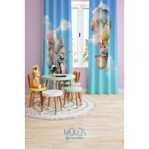 Tavşan Ve Farecik Desenli Fon Perde Çocuk Ve Bebek Odası Süet Baskılı Ekstrafor Büzgü 2 Kanat Prd-67 Çok Renkli