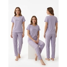 Pijamoni Kısa Kollu Uzun Altlı Kadın Pijama Takımı Yumuşak Kumaş & Şık Tasarım Açık Lila