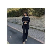 Genel Markalar Kadın Siyah Beyaz Detaylı Fitilli Uzun Kol Bluz Bol Paça Pantolon Alt-üst Takım Gri - 765939648 Gri