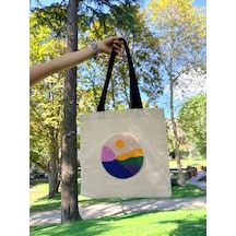 Bolergıashop Monura Grande Tasarım Canvas Omuz Çantası Bej - Beyaz - Pembe Punch İşleme