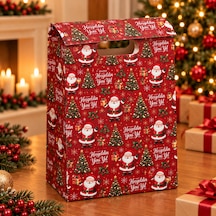 Balgelal Kırmızı Noel Baba Ve Çam Ağacı Desenli Yılbaşı Hediye Paket Çantası - Kulplu Dekoratif Karton Hediye Poşeti - 1'li - 9021426364010
