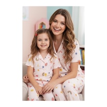 Siyah İnci Pamuklu Düğmeli Örme Pijama Takımı Desenli