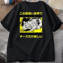 Flood Of Style Ben Arzu Sadece Peynir T-shirt Erkekler Komik Pamuk Japon Sıçan Grpahic Tees Casual Pamuk Kıs Siyah