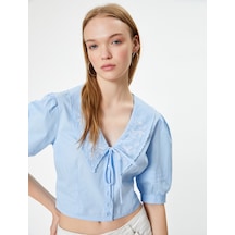 Koton Balon Kol Bluz Bebe Yaka Düğmeli Kısa Kollu Nakışlı Slim Fit Mavi 4sal60052ıw Mavi