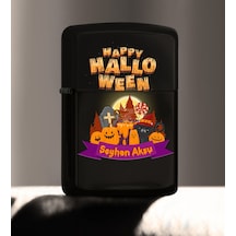 Kişiye Özel Happy Halloween Tasarımlı Renkli Baskılı Siyah Benzin (514255533)