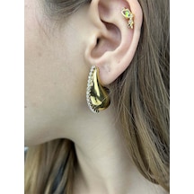 Zirkon Taşlı, Damla Bottega Model, Paslanmaz Çelik Küpe 402, Altın Renk Altın