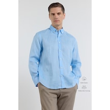 İmza Mavi Keten Düğmeli Yaka Uzun Kol Cepsiz Slim Fit Keten Gömlek 1004260161 M