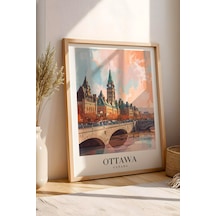 Ottawa Canada Vintage Seyahat Posteri Çerçeveli Tablo - Premium Kanada Parlamento Elit Duvar Dekoru Kayın