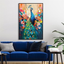 Yağlı Boya Dokulu Tablo Modern Renkli Tavus Kuşu Siyah Çerçeveli U04031-178945