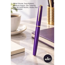 4 Adet Mor Metal Roller Kalem Metal Gövde, İmza Kalemi, Baskıya Uygun, Şık Tasarım, Mor Ve Gold Renkli, Roller Pen 1