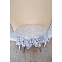 Üstü Şeffaf Muşamba Kaplama Dantel Görünüm Yuvarlak Masa Örtüsü -137 Cm Çap -beyaz Renk-geo Beyaz