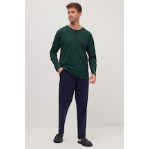 Tudors Erkek Standart Fit Normal Kesim %100 Pamuk Bisiklet Yaka Beli Lastikli Lacivert Pijama Takımı-37945 Lacivert