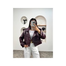Ihlamurlar Tekstil Kadın Premium Trend Luxury Bordo Suni Deri Tasarım Biker Ceket Bordo Bordo