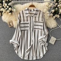 Novahub Yaz Yeni Orta Uzunlukta Dikey Çizgili Çok Renkli Gömlek Ceket Kadın Kore Tarzı Rahat Gevşek Üstler Ten Ten Rengi - S Ten Rengi Novahub Yaz Yeni Orta Uzunlukta Dikey Çizgili Çok Renkli Gömlek Ceket Kadın Kore Tarzı Rahat Gevşek Üstler Ten Ten Rengi - S Ten Rengi
