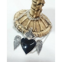 Black Heart Feathers Kolye Kalp Siyah Gotik Antik Gümüş