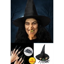 Cadılar Bayramı Halloween Cadı Kostüm Seti Şapka Burun Çene Tırnaklar Ve Diş 14 Parça