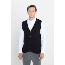 AC&Co / Altınyıldız Classics Erkek Sıyah Pamuklu Standart Fit Normal Kesim V Yaka Jakarlı Triko Yelek Siyah