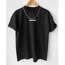 Flood Of Style Erkek Siyah Freedom Baskılı Oversize Bisiklet Yaka Kısa Kollu T-shirt
