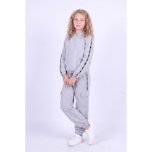 Panios Kids Kız Çocuk Kapüşonlu Şerit Detaylı Kargo Cepli Kapüşonlu Eşofman Takımı Gri