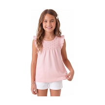 Onloox Kız Çocuk Pembe Kız Çocuk Pembe Pamuklu Penye Bisiklet Yaka Sıfır Kol Regular Fırfırlı Nakışlı Tişört 4-8 Yaş