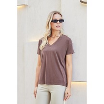 Jument Kadın İpeksi Modal Penye Esnek Kumaş V Yaka Düşük Omuzlu Kısa Kol T-shirt Bluz-kahve Kahve