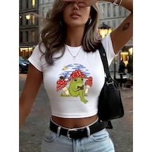 Tarzsokak Kurbağa Mantar Baskılar Kadın Kırpma Üstleri Yaz Uydurma İnce O-boyun Tees Yumuşak Kısa Kollu Beyaz