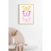 Doğal Ahşap Çerçeveli Retro Kelebek Tablo - Pastel Tonlar Huhu2233