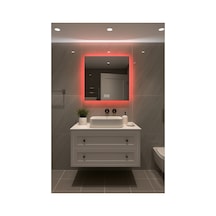 Digital Hayat Buğu Çözücü Dokunmatik Dimlenebilir Kare Ayna Kırmızı Işıklı Led Dekoratif Banyo Makyaj Aynası 50cm - 80cm Kırmızı