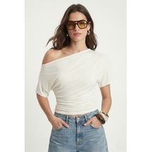 Ritnice Kadın Lona Bele Oturan Yan Büzgülü Ekru Örme Bluz