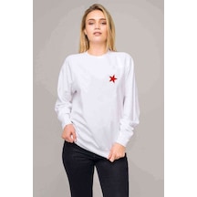Kızıl Yıldız Baskılı Beyaz Kadın Sweatshirt