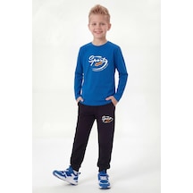 Panios Kids Yuvarlak Yaka Sweatshirt Paça Lastikli Eşofman Alt Baskılı Uzun Kollu Erkek Çocuk Alt Üst Takım Mavi