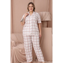 Wordex Mirano 4951 Kısa Kollu Süprem Kumaş Kareli Büyük Beden Düğmeli Kadın Pijama Takımı Beyaz